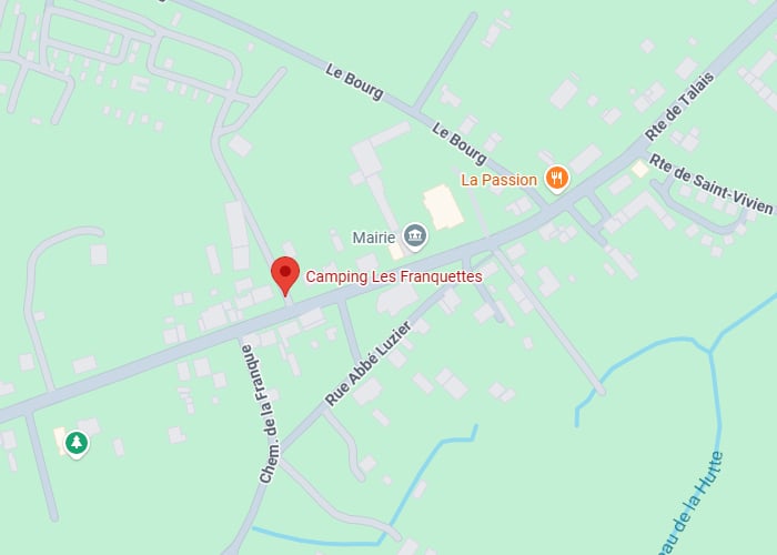 Camping Les Franquettes : Carte d'accès et alentours. Carte du Camping Les Franquettes, Mairie et restaurant La Passion, Rue Abbé Luzier, Le Bourg et Chem. de la Franque.
